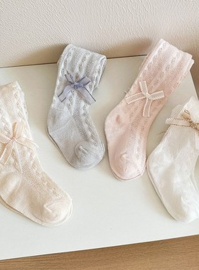 女童孩春秋夏季网眼薄款棉连裤袜子蝴蝶结儿童白色打底裤宝宝洋气