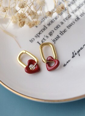 srrmhyn法式复古红色爱心耳环女2023年新款潮韩国气质网红高级感
