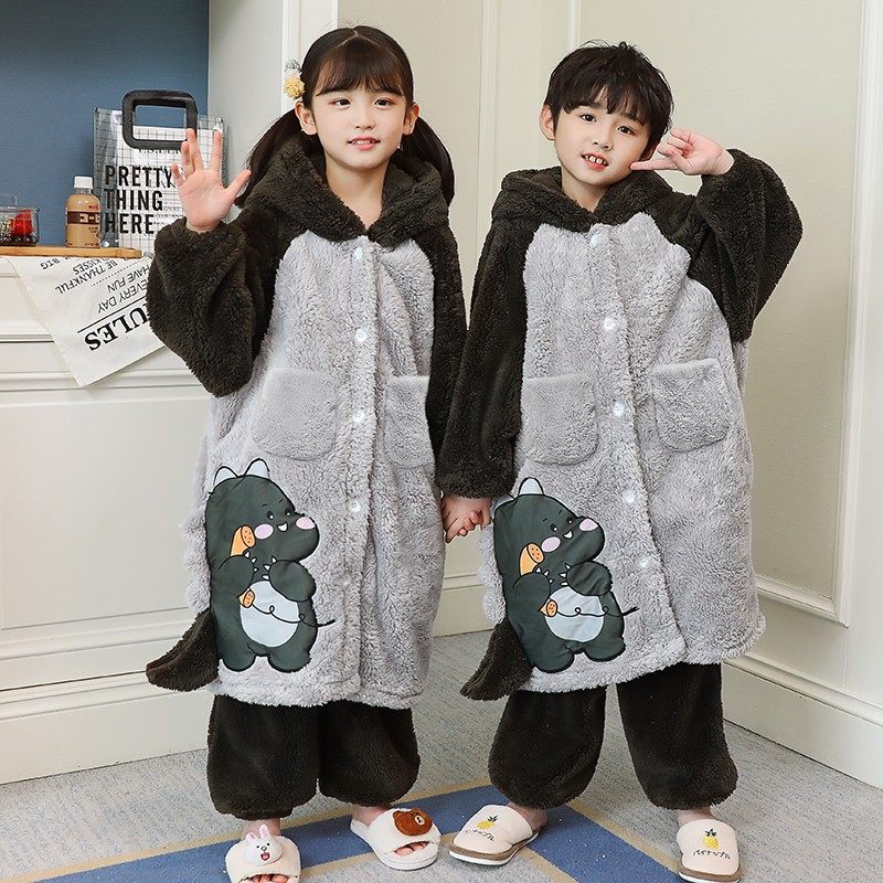 儿童睡衣男孩秋冬季法兰绒女童睡袍珊瑚绒加绒加厚中大童保暖浴袍