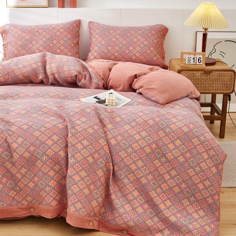 上新复古加厚纯棉色织双层纱三层纱四件套多功能被罩纽扣单件被套