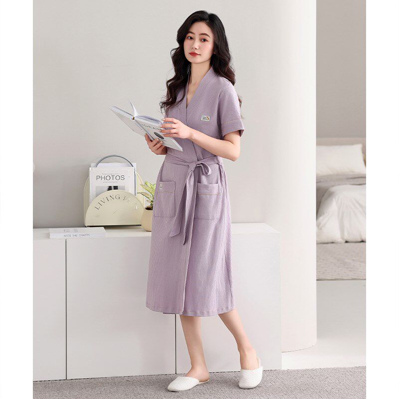 睡袍女夏季纯棉短袖长款浴袍睡衣薄款夏天大码浴衣晨袍夏款家居服