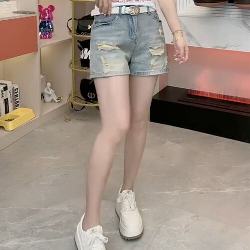 复古蓝阔腿A字牛仔短裤子女2024夏季薄款大码高腰宽松显瘦五分裤
