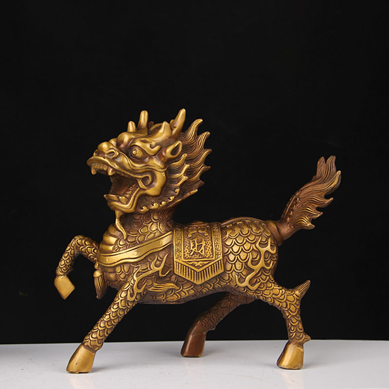 铜麒麟摆件一对纯黄铜办公室客厅家居饰品装饰火麒麟摆件