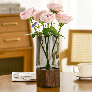 高级感新中式带木托花瓶玻璃客厅插花水培富贵竹鲜花餐桌装饰摆饰