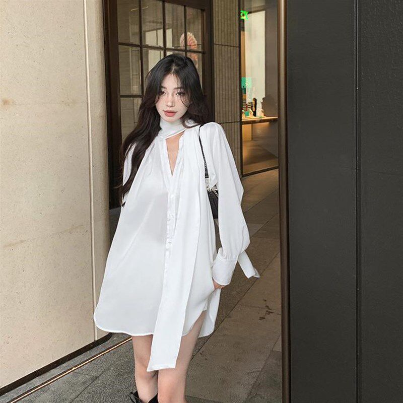 法式轻奢白色飘带长袖衬衫连衣裙女秋季新款气质宽松设计感短裙女