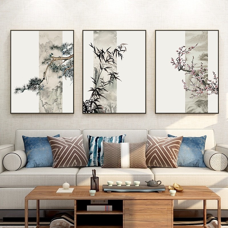 客厅松竹梅迎客松岁寒三友装饰画挂画三联画新中式定做玄关背景墙