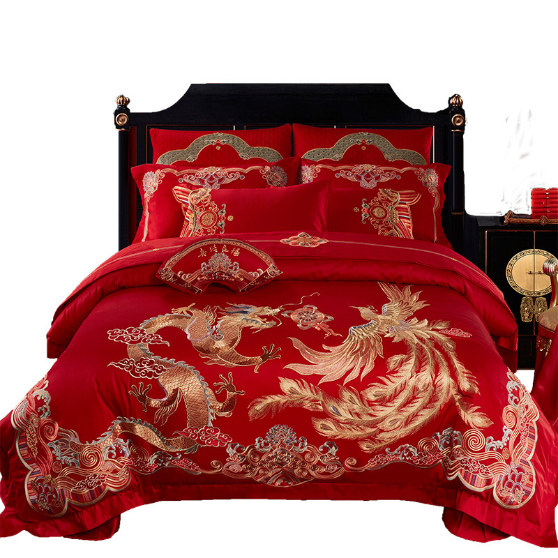 100s支全棉婚庆四件套大红色龙凤婚房床上用品喜被子结婚六十件套