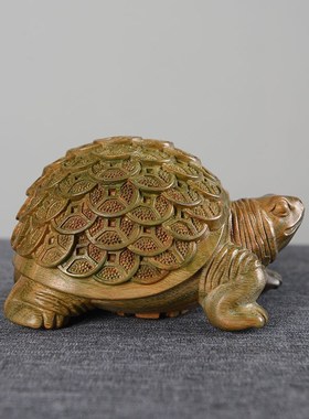 天然绿檀手把件实木雕刻金钱龟把玩乌龟长寿龟文玩工艺品车载摆件