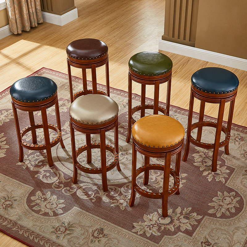 美式实木吧椅木吧台高脚凳家用欧式木质酒吧椅可旋转复古吧台椅