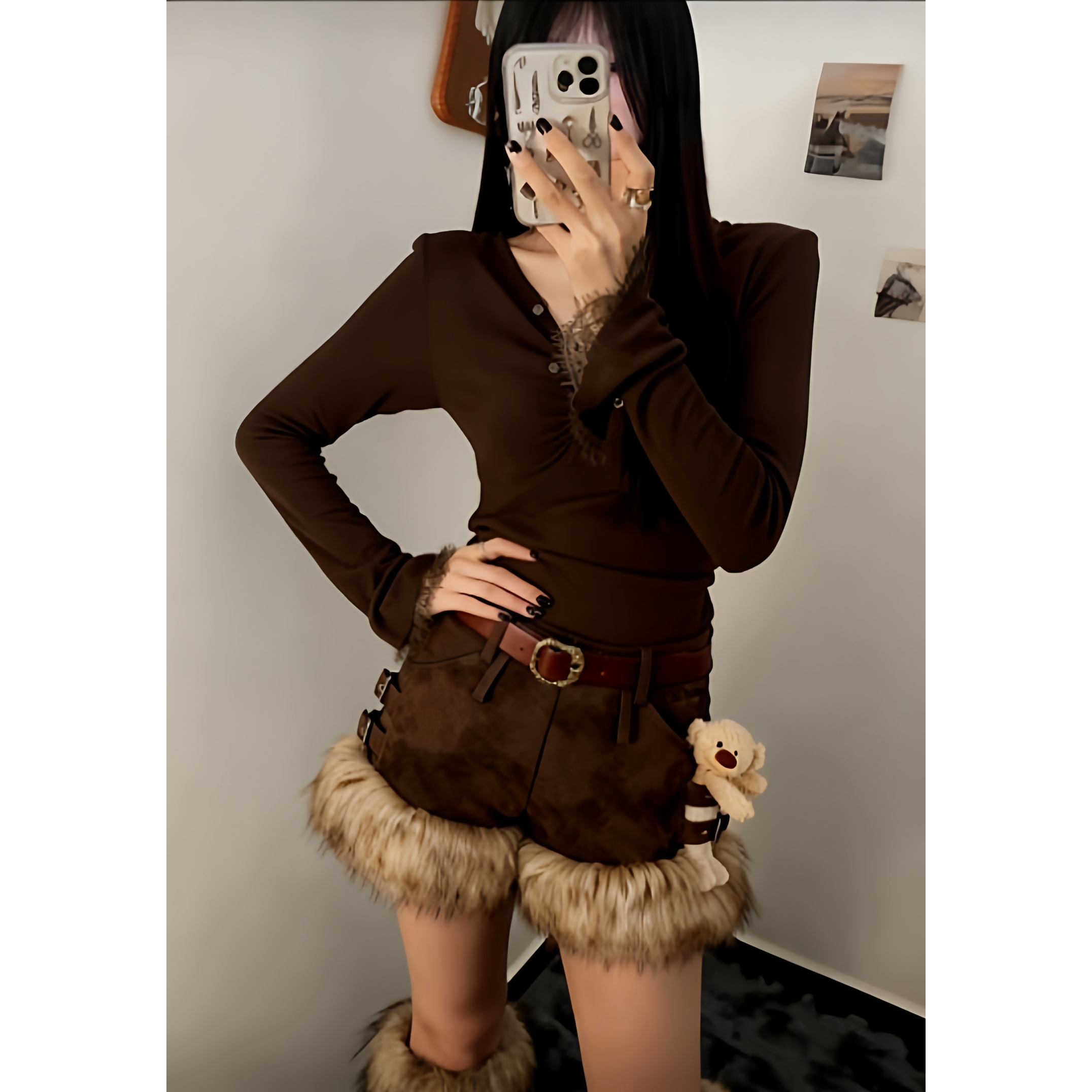 13DEMARZO 25秋冬毛绒卷边复古短裤低腰修身休闲裤 Rainbow集合店