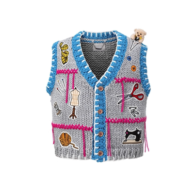 13DEMARZO 25秋冬裁缝小熊毛线马甲加厚V领无袖毛衣Rainbow集合店