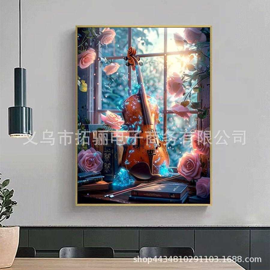 直销新款5d钻石画满钻客厅简约现代小提琴玫瑰十字绣新款手工贴钻