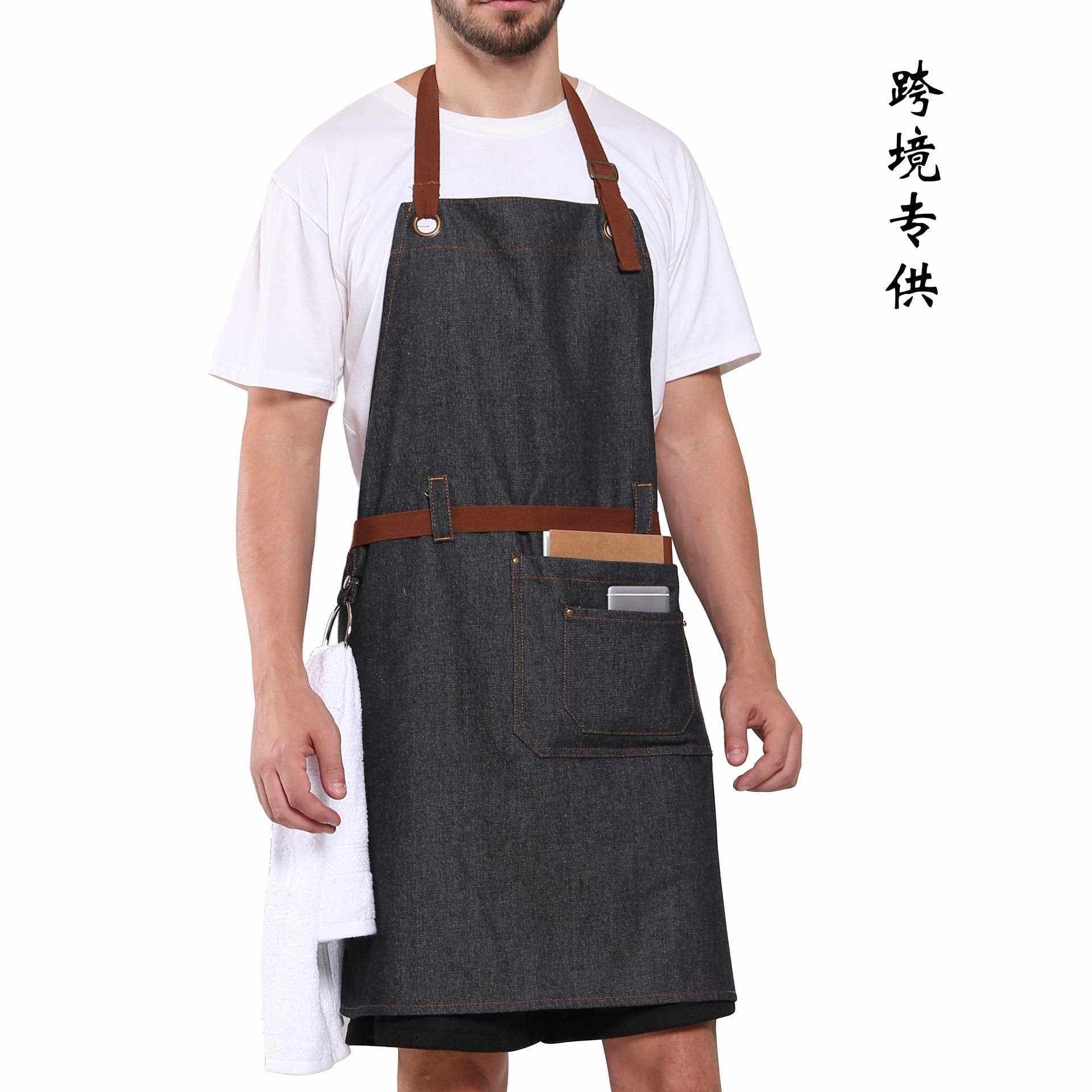新款直销亚马逊牛仔围裙 跨境全身咖啡店西餐厅可印logo制服围裙