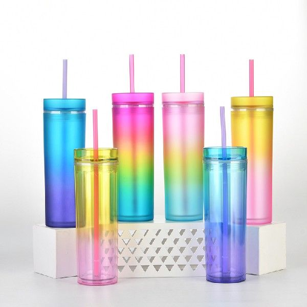 16oz Gradient Rainbow Color Water Bottle With Straw