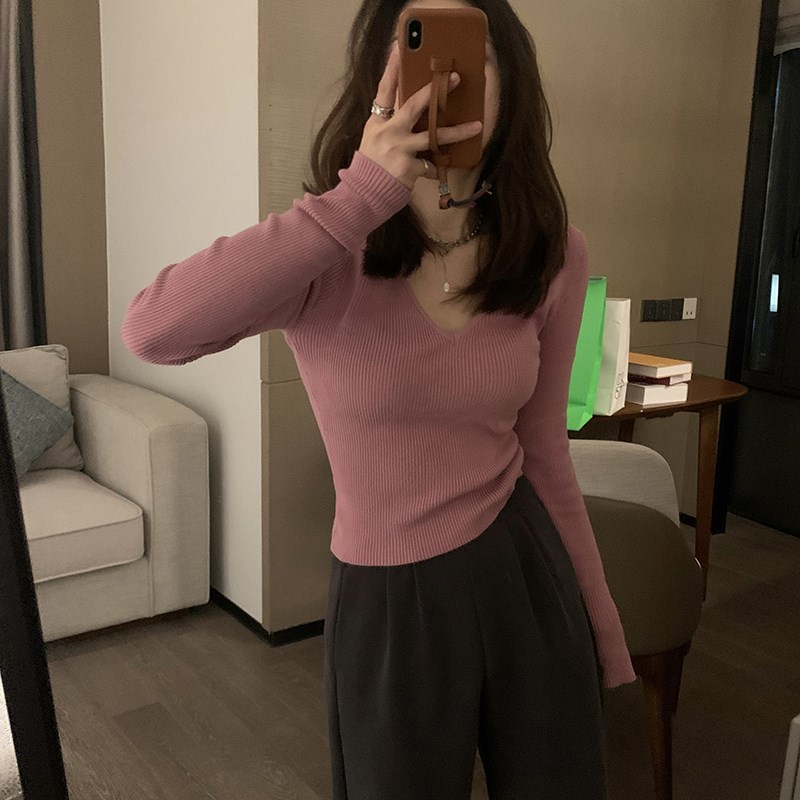 短款V领低领内搭打底衫女春秋薄款毛衣针织衫修身紧身长袖t恤上衣