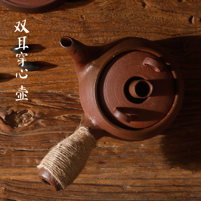 粗陶砂铫茶铫手工砂挑柴烧原矿老岩泥穿心煮茶壶养生壶煮茶炉炭炉