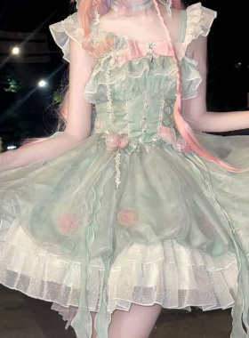 小花仙Lolita小清新礼服甜美花苞裙洛丽塔公主裙绿色拖尾可爱洋装