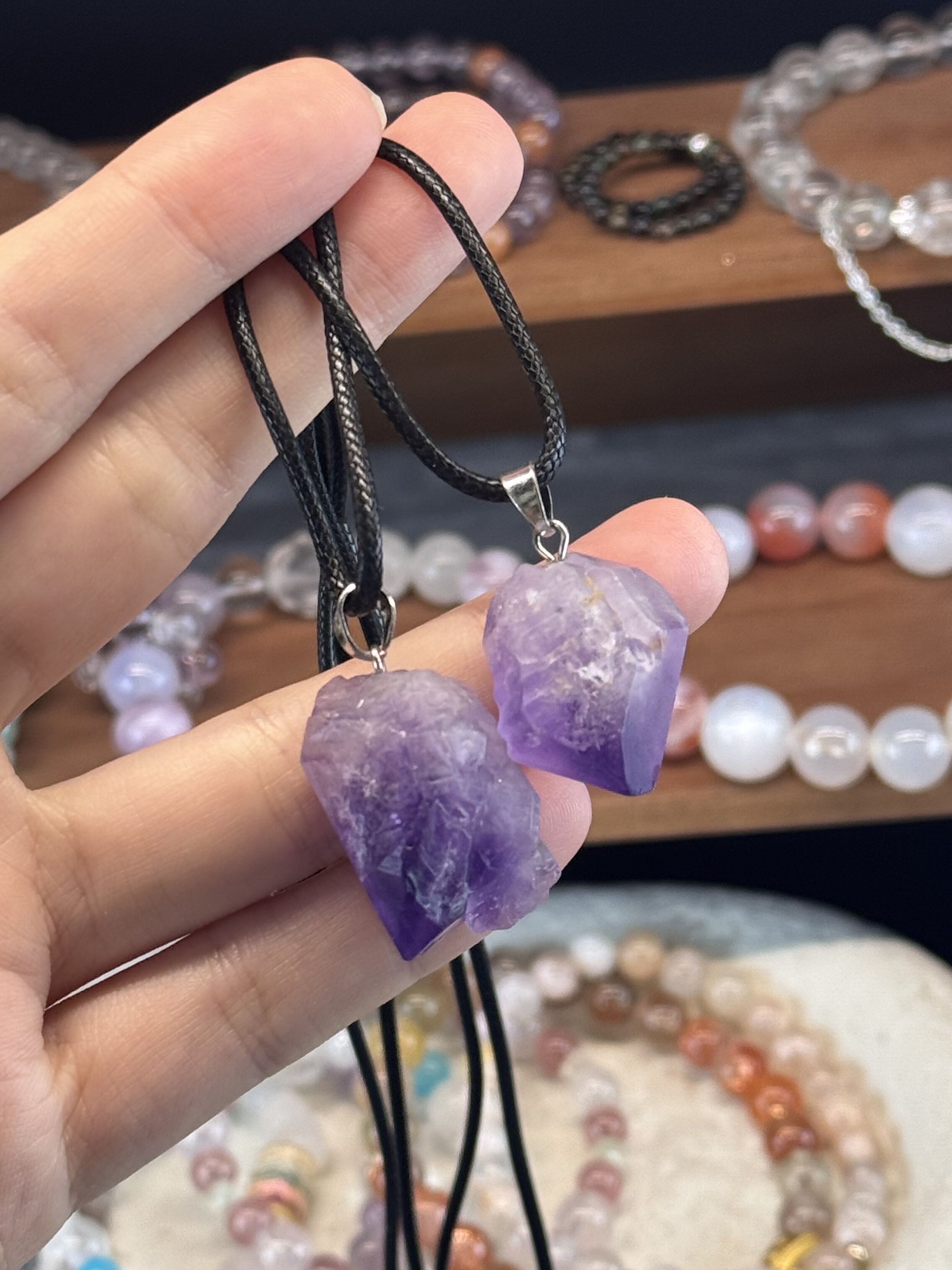 直播浮力紫水晶牙项链皮绳合金扣头