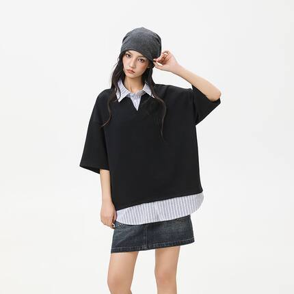 2026夏季情侣款翻领宽松上衣美式假两件条纹拼接短袖休闲潮流T恤