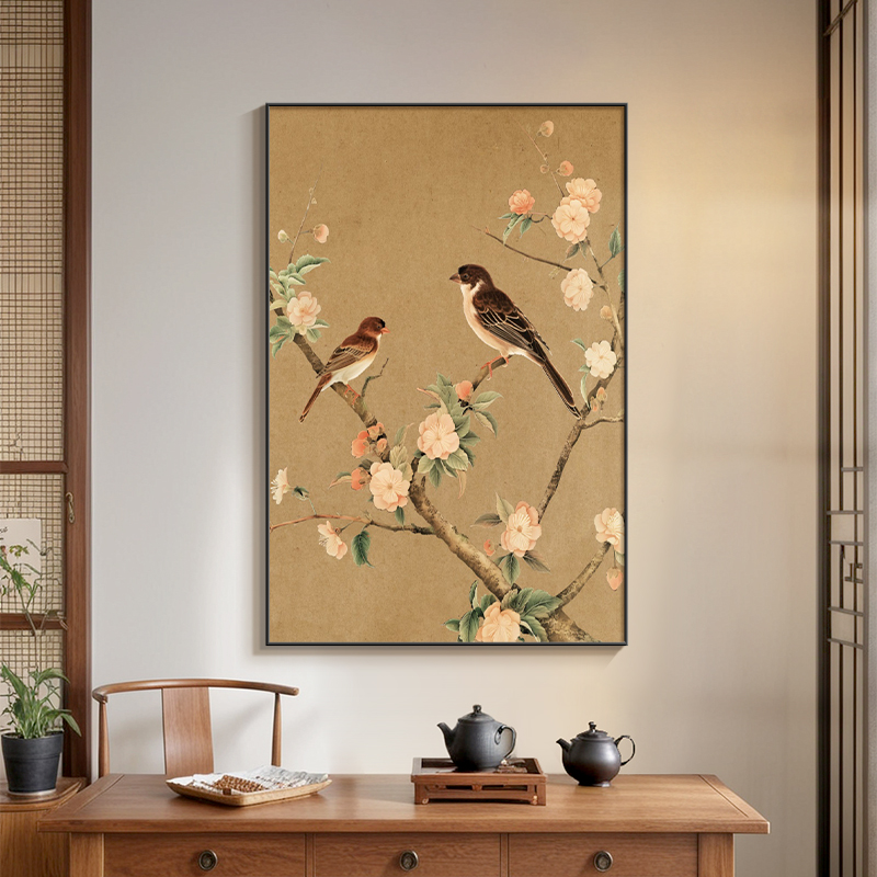 喜上眉梢茶室背景墙挂画宋代美学玄关装饰画客厅走廊过道花鸟壁画