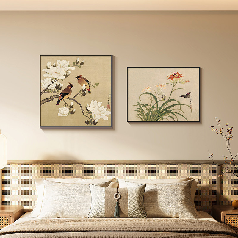 中式双联晶瓷装饰画 宋式风格客厅挂画 新中式兰花床头画