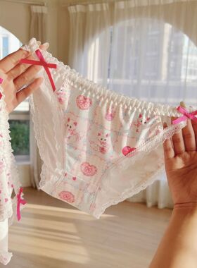 Ta甜酷小猫可爱卡通印花内裤女甜美风撞色蝴蝶结丝滑低腰三角裤女