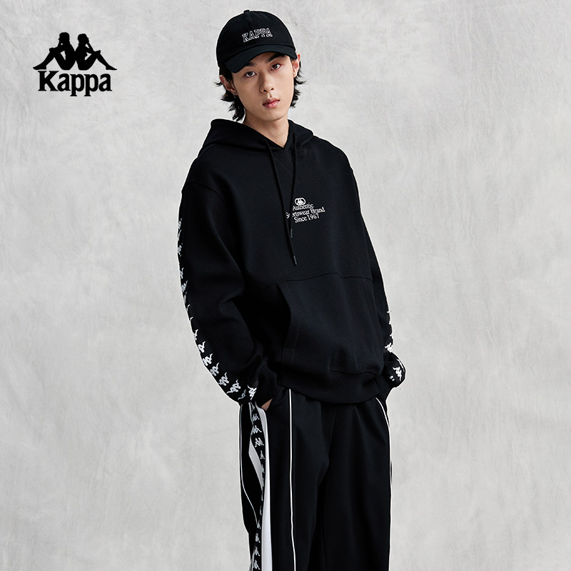 Kappa卡帕秋季黑色针织连帽卫衣男户外休闲运动长袖上衣套头帽衫