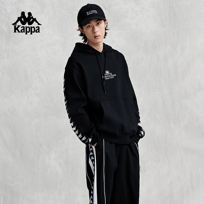 Kappa卡帕秋季黑色针织连帽卫衣男户外休闲运动长袖上衣套头帽衫