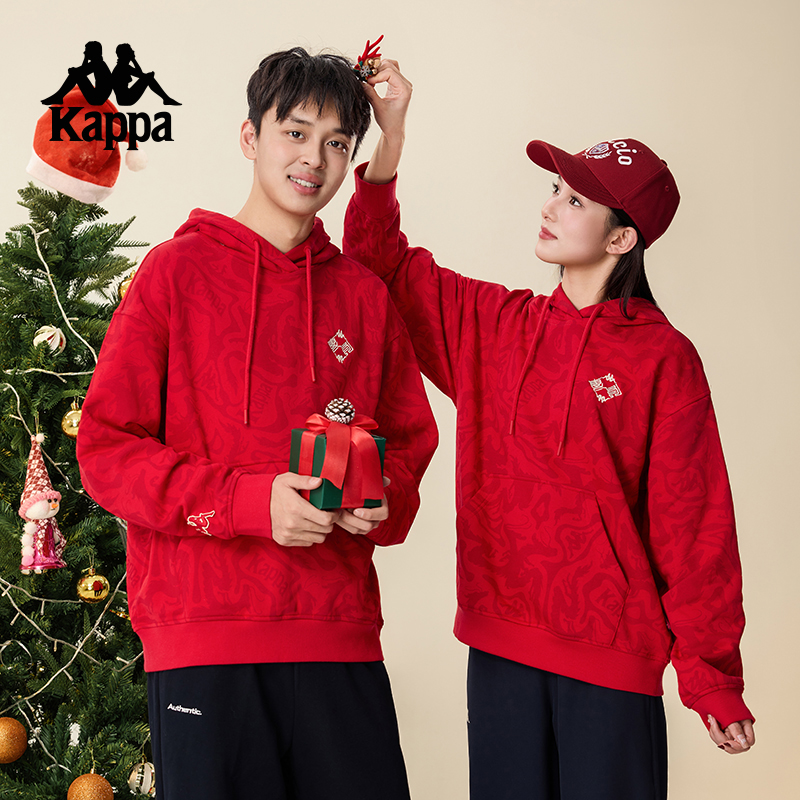 kappa卡帕红色连帽针织休闲卫衣女秋冬潮流百搭上衣外套情侣同款