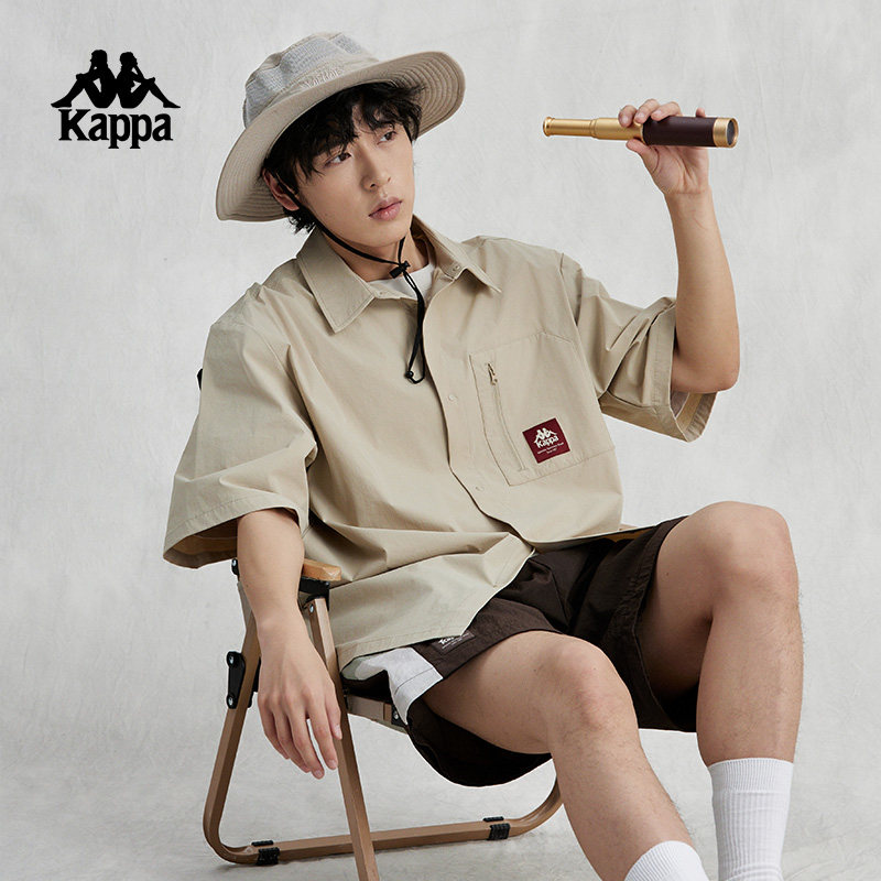 Kappa卡帕纯色翻领简约休闲衬衫男夏季户外出游百搭运动短袖上衣