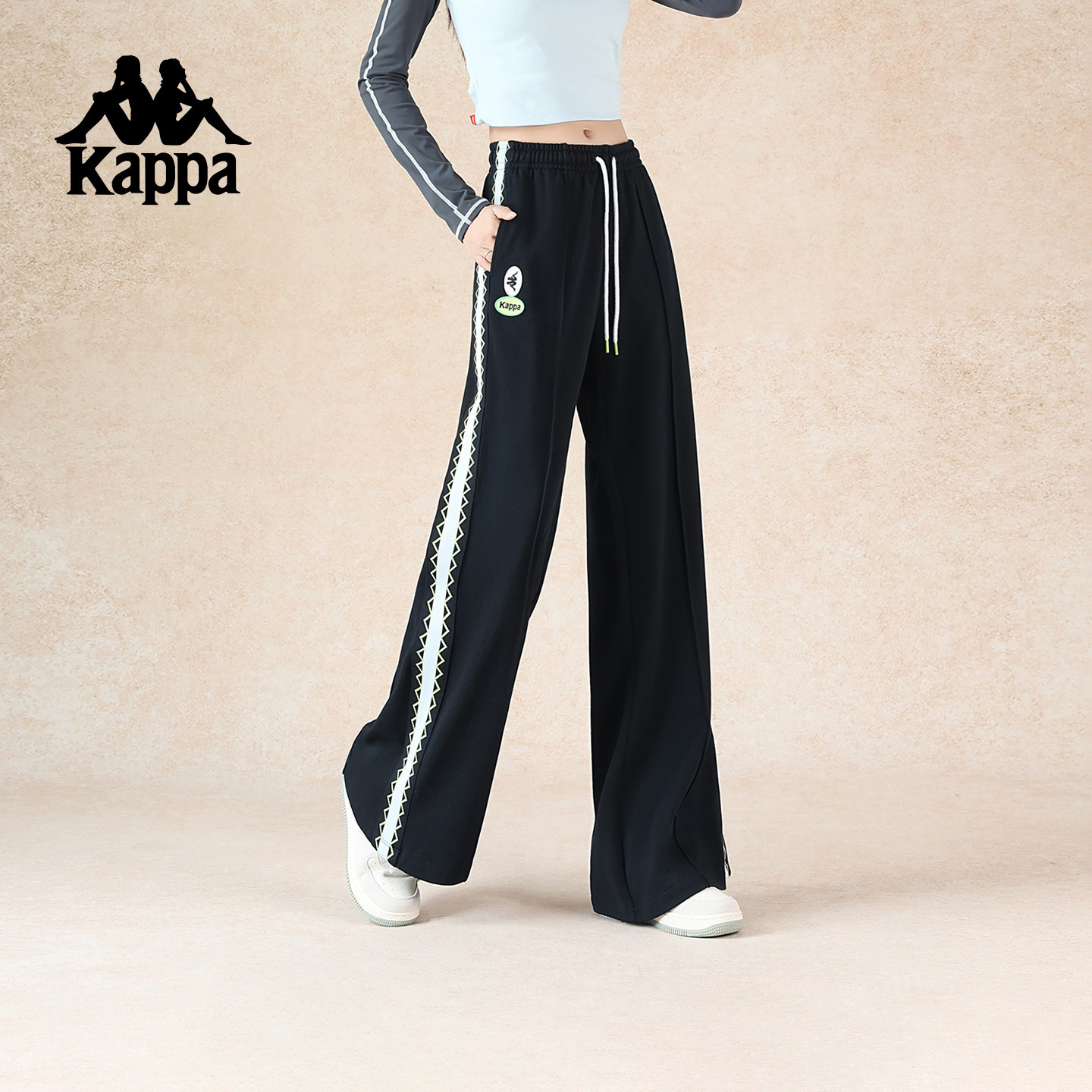 Kappa卡帕背靠背纯棉运动裤女2025新款秋季针织休闲长裤阔腿裤子
