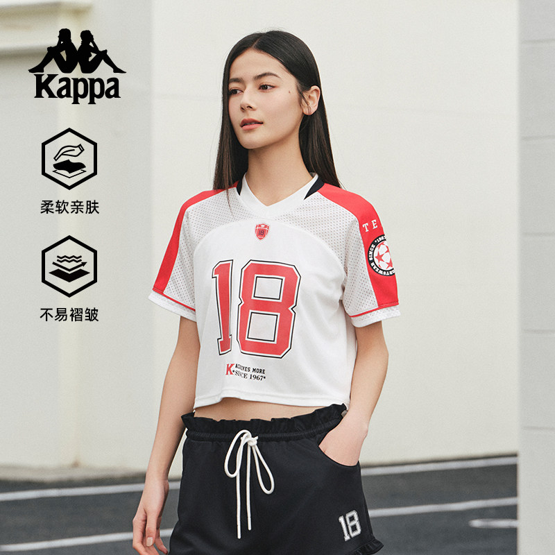 Kappa卡帕背靠背2025新款夏季运动短袖女士美式t恤V领透气上衣女