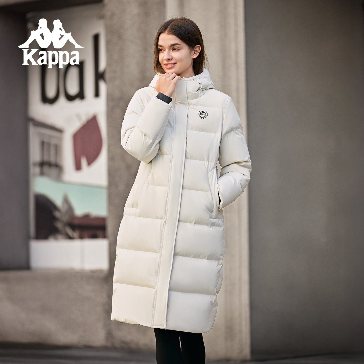 Kappa卡帕小腰精羽绒服女秋冬鸭绒长款加厚连帽保暖外套防寒服女