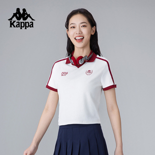 Kappa卡帕针织撞色小V领Polo衫女夏季户外休闲运动短袖上衣学院风
