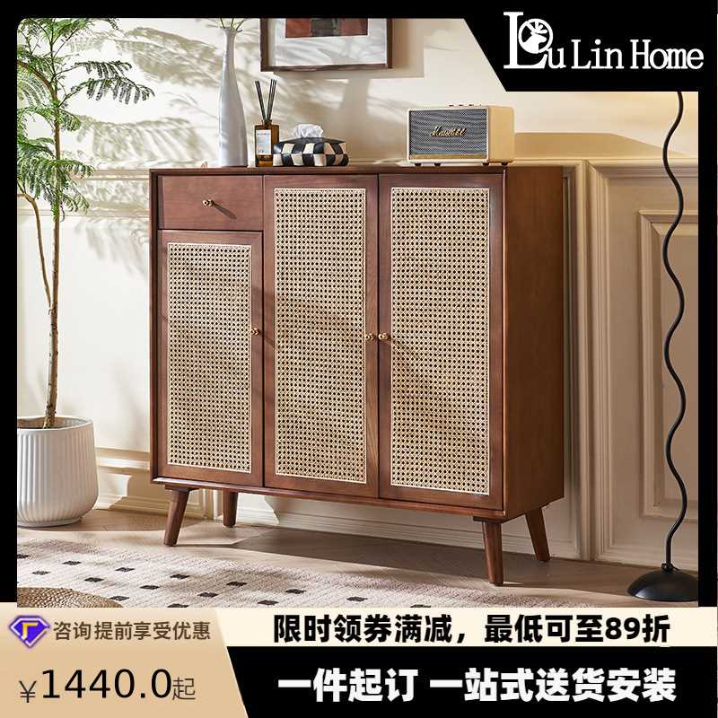 复古藤编鞋柜简约现代胡桃色客厅家用靠墙收纳门厅实木玄关柜民宿