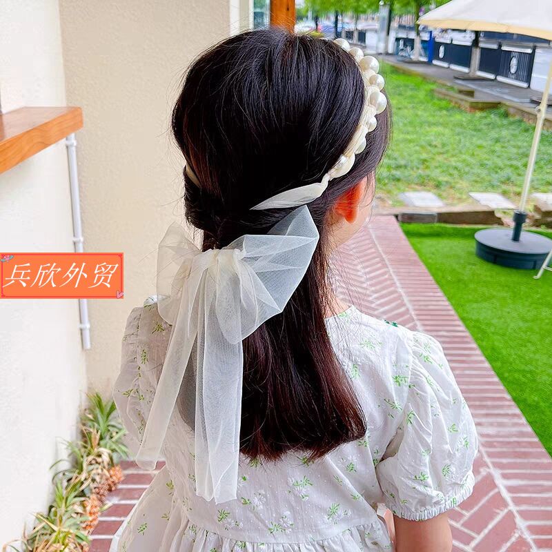 Girls Pearl Headband Mesh Bow Ribbon Head Flower headwear
