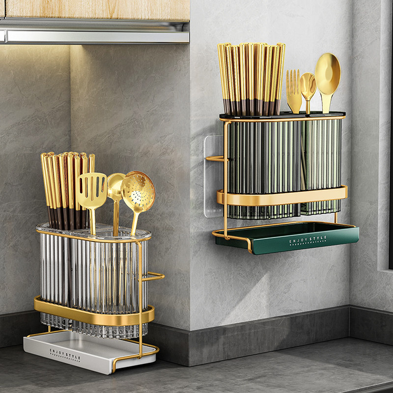 轻奢厨房置物架免打孔筷子收纳盒壁挂沥水筷子筒家用筷子勺子收纳