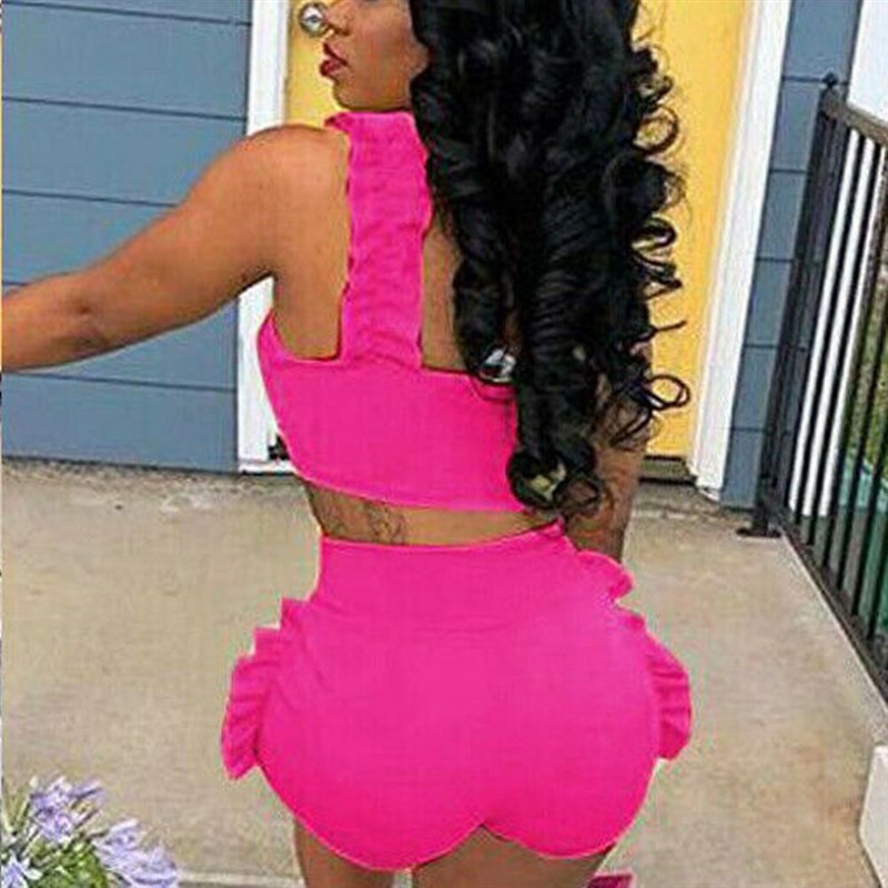 2Pcs Shorts Set Fashion Women Sleeveless Ruffle Solid Color