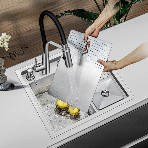 厨房洗菜盆吧台多功能水槽带高压洗杯器垃圾桶菜板架台下水槽套装