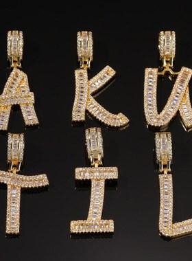 项链嘻哈字母吊坠欧美锆石英文男女个性饰品情侣潮钻方满方形26t