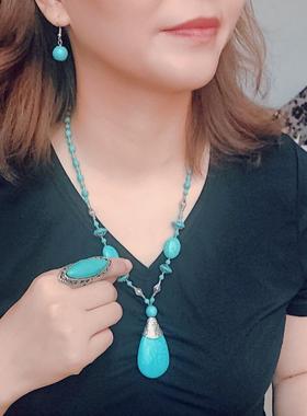 项链绿松石风复古吊坠套装款欧美耳环民族饰品首饰链配饰短女毛衣