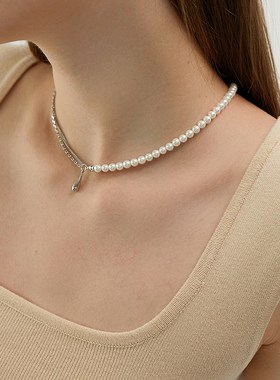 Ego Acc洛丽塔 甜美潮酷珍珠拼接链条项链chorker双层叠戴锁骨链