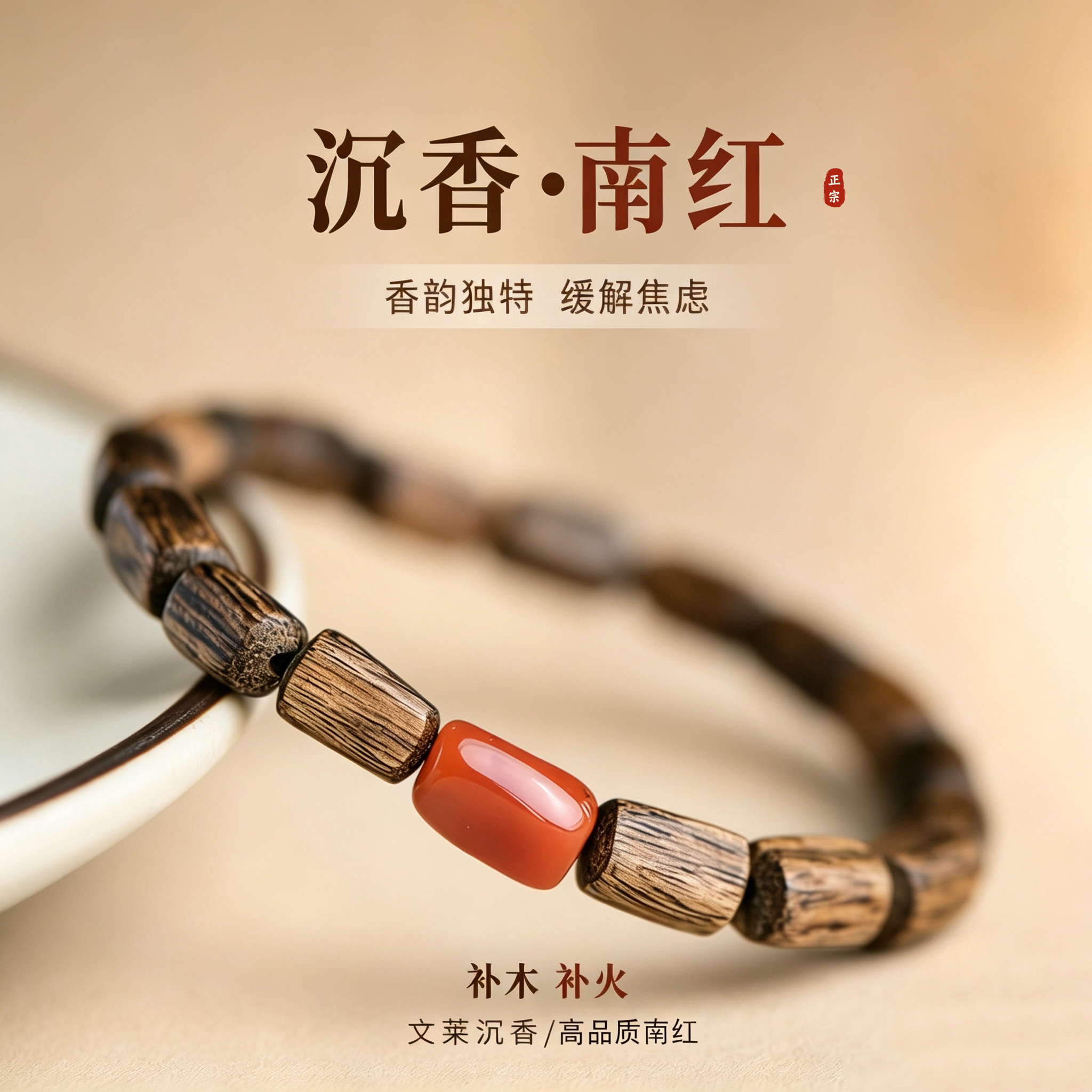 天然文莱沉香南红手串女款随形