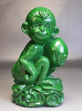 绿色木雕猴子摆件十二生肖实木头猴家居办公装饰送礼品Z红木工艺