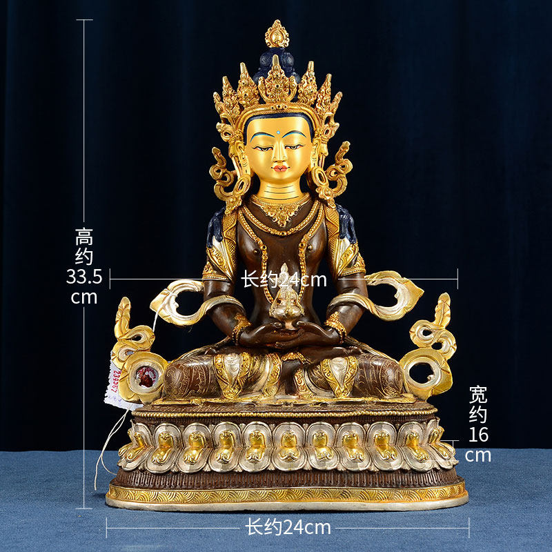 中式家居用品客厅玄关摆件尼泊尔10寸紫铜鎏金鎏银雕花常寿佛铜像