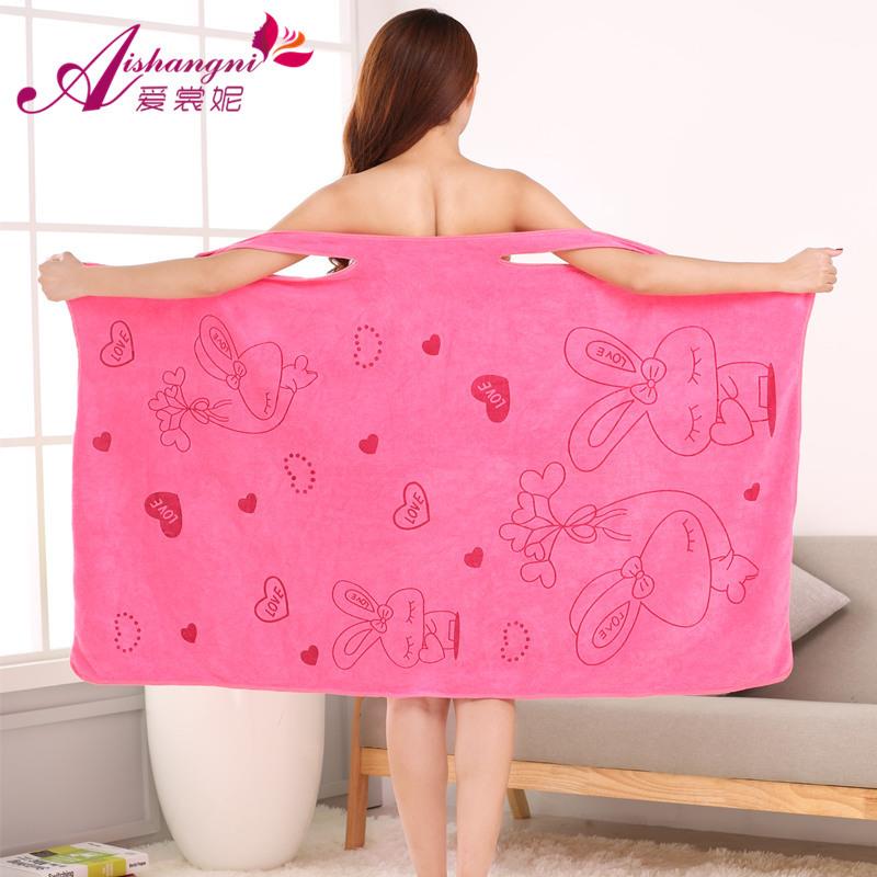 直销新款百变魔术可穿浴巾超细纤维美容院女士吊带浴裙卡通印花沙