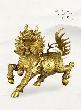直销新款镇宅纳福威武麒麟纯黄铜古法手工制作工艺品摆件铁艺