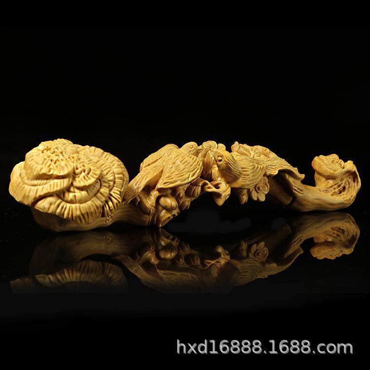 直销新款黄杨木雕摆件工艺礼品文玩收藏喜上眉梢双鸟如意手工