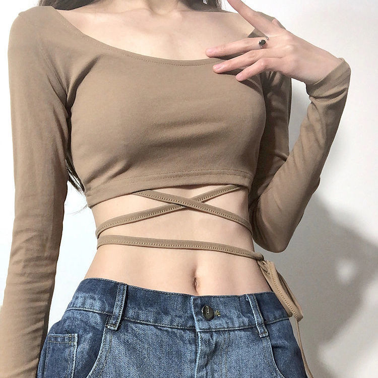小众设计感高腰短款长袖T恤女修身绑带露脐低领辣妹别致性感上衣