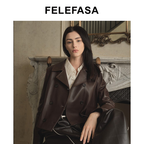 FELEFASA双排扣翻领羊皮短外套